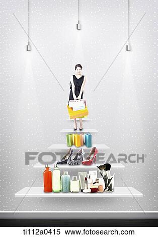Stock Photography - A woman standing with shopping bag and shopping item . Fotosearch