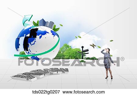 Stock Photo - A woman with the globe and internet blocks. Fotosearch