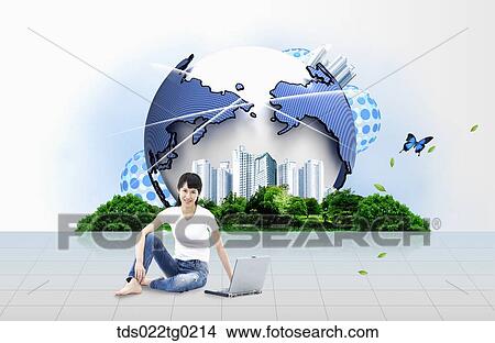 Picture - A woman with the globe behind. Fotosearch