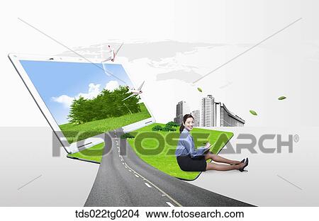A woman with the road heading for green laptop View Large Photo Image Picture - A woman with the road heading for green laptop . Fotosearch