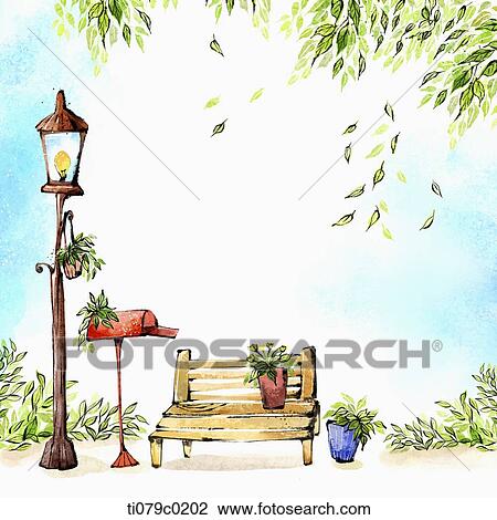 Bench and street light under the tree View Large Photo Image Stock Image - Bench and street light under the tree. Fotosearch