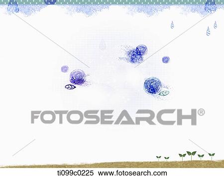 Stock Photography - Blue rain and flower on the squared paper. Fotosearch