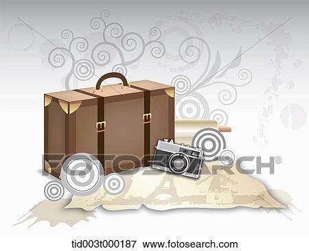 Brown suitcase, camera, and vintage paper View Large Photo Image Stock Photo - Brown suitcase, camera, and vintage paper . Fotosearch