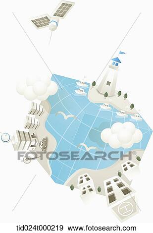 Building and ship on the earth cube View Large Photo Image Stock Photo - Building and ship on the earth cube. Fotosearch