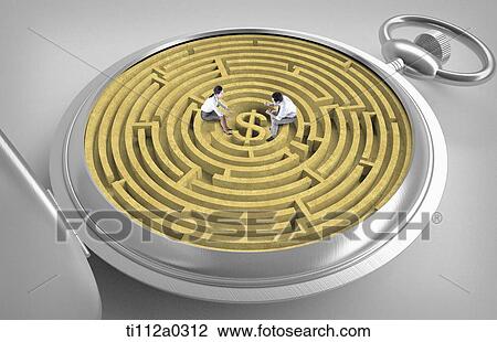 Stock Image - Businessman sitting on the dollar maze. Fotosearch