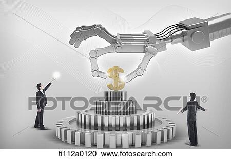 Stock Image - Businessmen looking at the hand of robot picking up the dollar. Fotosearch