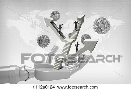 Businessmen standing on the stairs over the hand of robot View Large Photo Image Picture - Businessmen standing on the stairs over the hand of robot. Fotosearch