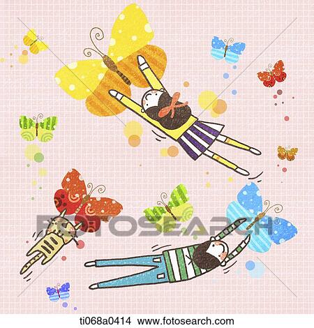 Children and cat flying with colorful butterflies View Large Photo Image Picture - Children and cat flying with colorful butterflies . Fotosearch