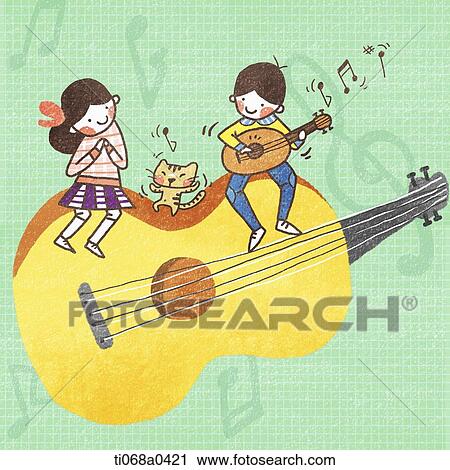 Stock Image - Children and cat on the guitar. Fotosearch