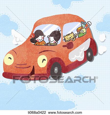 Children and cat riding on the flying car View Large Photo Image Stock Image - Children and cat riding on the flying car . Fotosearch