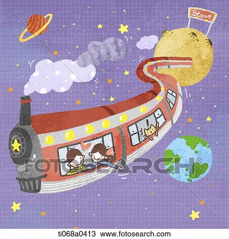 Children and cat riding on the space train View Large Photo Image Stock Image - Children and cat riding on the space train . Fotosearch