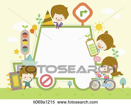 Stock Photography - Children and green transportation items around car notice. Fotosearch