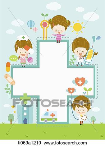 Stock Photo - Children and hospital items around hospital mark notice. Fotosearch