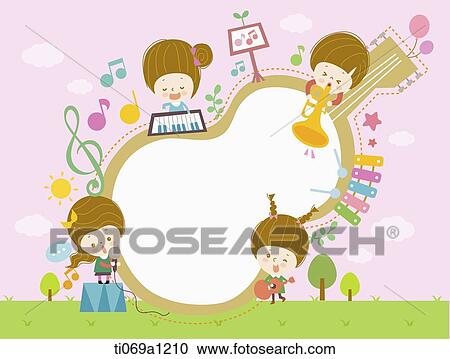 Stock Image - Children and music items around guitar notice. Fotosearch