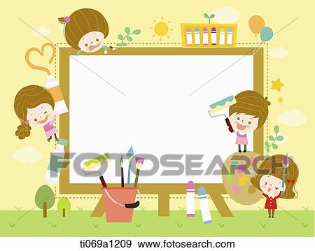 Stock Photo - Children and painting tools around board notice . Fotosearch