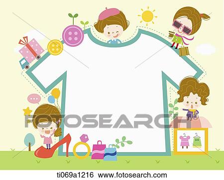 Stock Photograph - Children and shopping items around shirt notice. Fotosearch