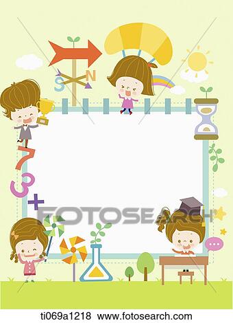 Stock Photo - Children and studying items around sketchbook notice. Fotosearch