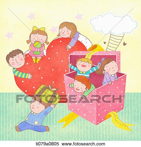 Stock Photography - Children around the gift box. Fotosearch