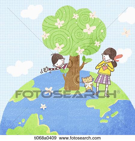 Children, cat, and tree on the globe View Large Photo Image Stock Photo - Children, cat, and tree on the globe . Fotosearch