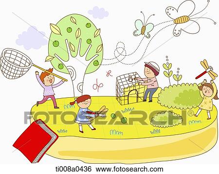 Stock Photograph - Children catching the butterfly and dragonfly. Fotosearch
