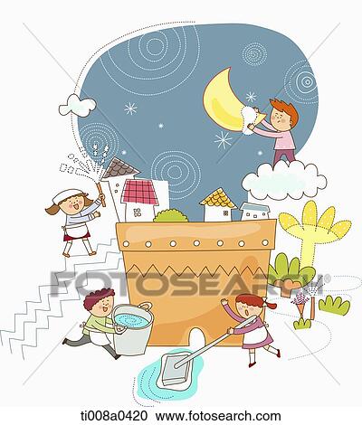 Stock Image - Children cleaning the sky and house. Fotosearch
