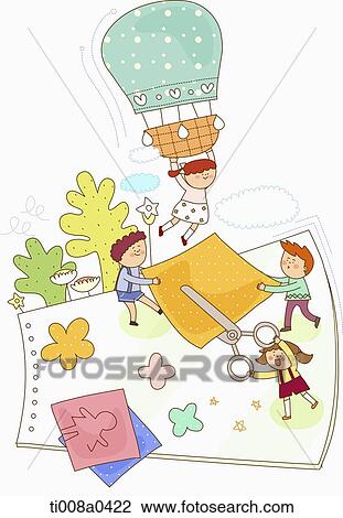 Stock Image - Children cutting the colorful paper . Fotosearch