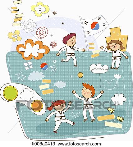 Stock Image - Children doing Taekwondo in the school. Fotosearch