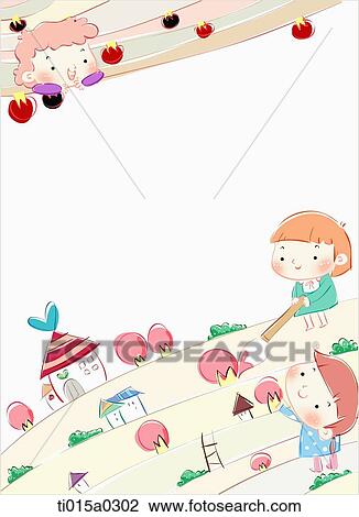 Stock Image - Children drawing the house and tree. Fotosearch