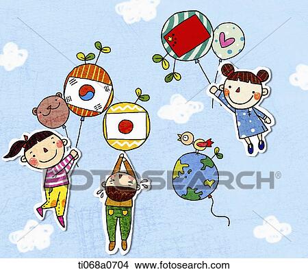 Children flying with national flag balloons View Large Photo Image Picture - Children flying with national flag balloons. Fotosearch