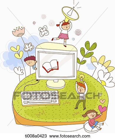 Stock Image - Children playing around the computer. Fotosearch