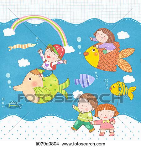 Picture - Children riding on the fish in the sea. Fotosearch