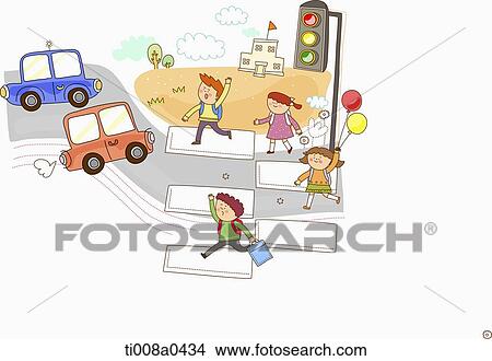Picture - Children walking cross the crosswalk. Fotosearch