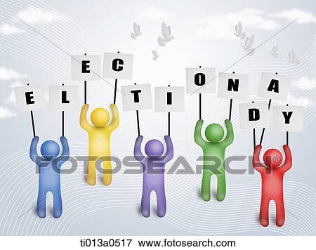 Stock Photo - Colorful character holding up the election day . Fotosearch
