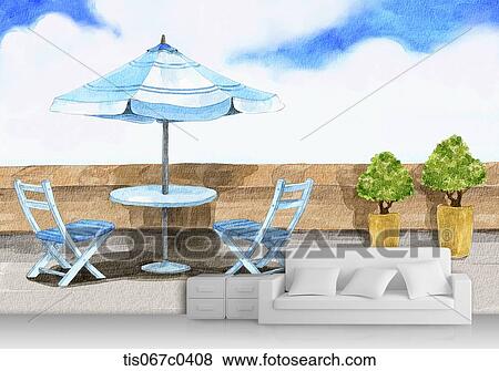 Couch with blue parasol and chair background View Large Photo Image Stock Photo - Couch with blue parasol and chair background. Fotosearch