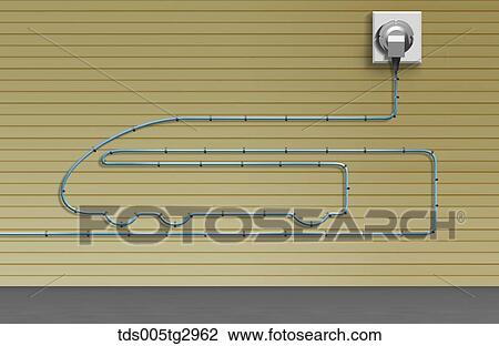 Stock Image - Electric wire and plug in the shape of train. Fotosearch