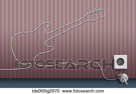 Stock Image - Electric wire and plug in the shape of electronic guitar. Fotosearch