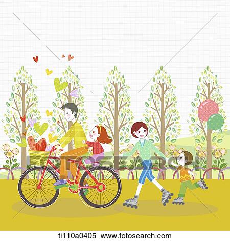 Family riding bicycle and roller skate in the May View Large Photo Image Stock Photography - Family riding bicycle and roller skate in the May . Fotosearch