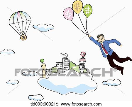 Flying man with money balloons and green town View Large Photo Image Stock Photography - Flying man with money balloons and green town . Fotosearch