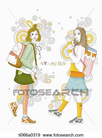Girl students wearing young style outfit View Large Photo Image Stock Photo - Girl students wearing young style outfit . Fotosearch