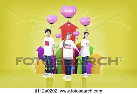 Global friends holding hands with educational balloons View Large Photo Image Stock Image - Global friends holding hands with educational balloons. Fotosearch