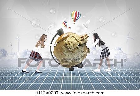 Global students pushing the globe View Large Photo Image Stock Photo - Global students pushing the globe. Fotosearch