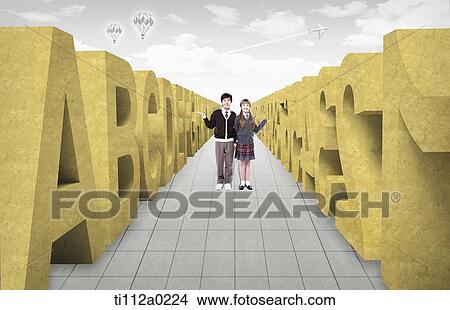 Global students standing between alphabet structure View Large Photo Image Picture - Global students standing between alphabet structure. Fotosearch
