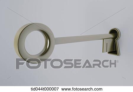 Stock Photo - Gold key unlocking the door. Fotosearch