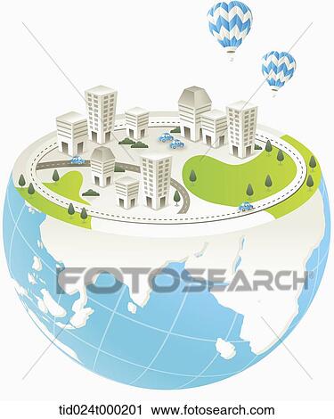 Stock Image - Green building on the earth. Fotosearch