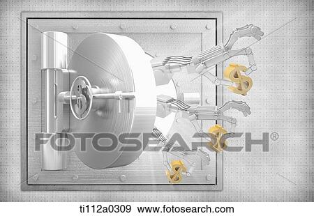 Stock Photo - Hands of robot holding the dollar through the safe door. Fotosearch