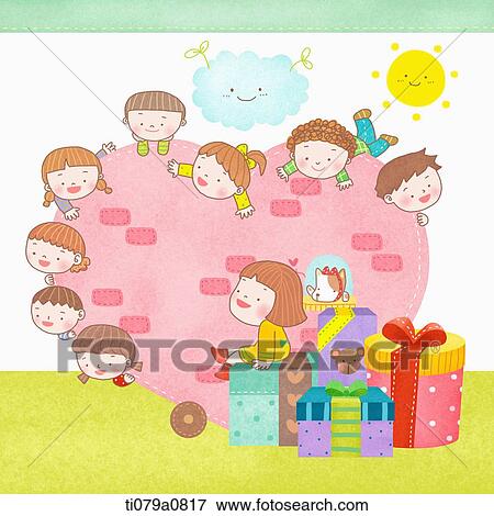 Stock Photo - Happy children around the heart and gift. Fotosearch