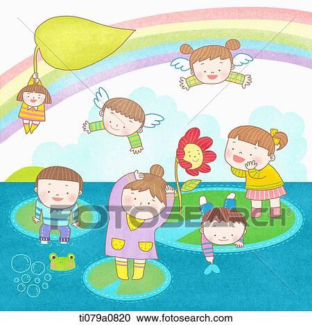 Happy children playing around the pond View Large Photo Image Stock Image - Happy children playing around the pond. Fotosearch