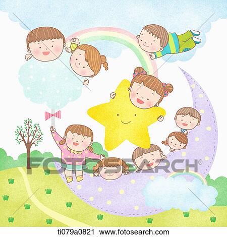 Happy family playing with rainbow, star, and moon View Large Photo Image Stock Image - Happy family playing with rainbow, star, and moon . Fotosearch