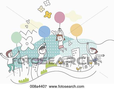 Happy people flying with balloons over the town View Large Photo Image Stock Photo - Happy people flying with balloons over the town . Fotosearch
