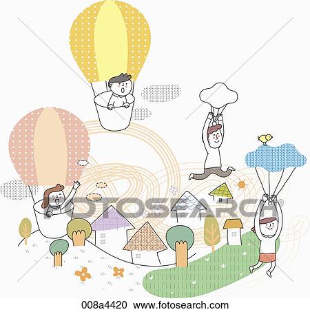 Stock Image - Happy people flying with hot-air balloons . Fotosearch
